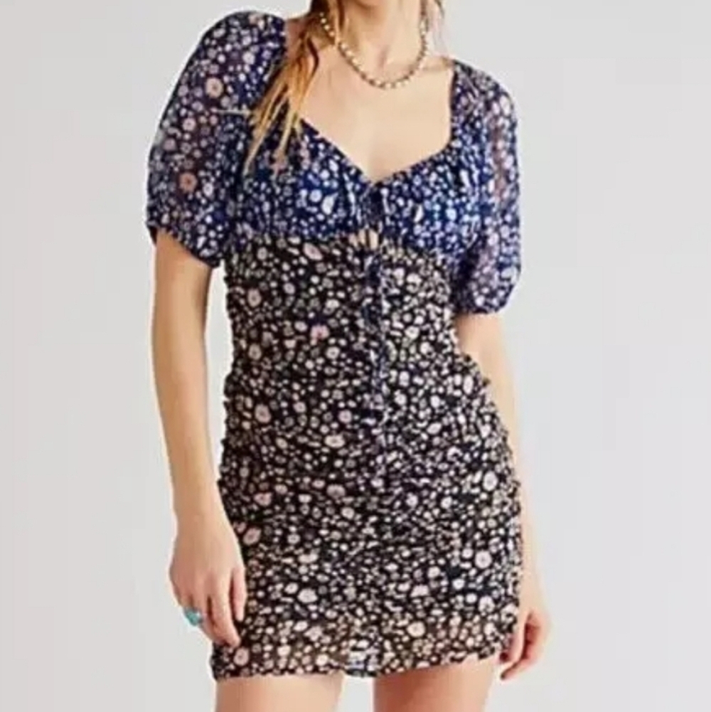 Free People Tessa Ruched Floral Puff Sleeve Open Back mini Dress
